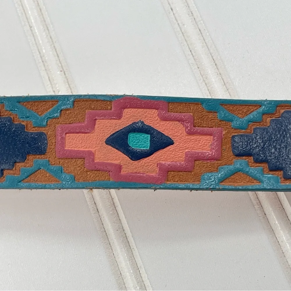 80's Vintage Western MILOR Aztec Hand Painted Genuine Leather Tooled Belt M/L